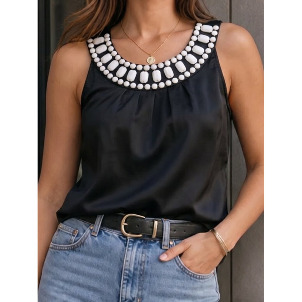 The Limited Y2K Black White Embellished Neckline Sleeveless Blouse Womens Medium